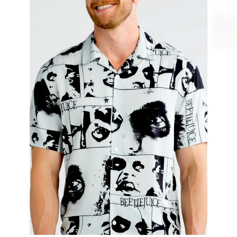 Beetlejuice Men’s Print Button-Up Shirt, 3XL, NWT – Spooky & Stylish!